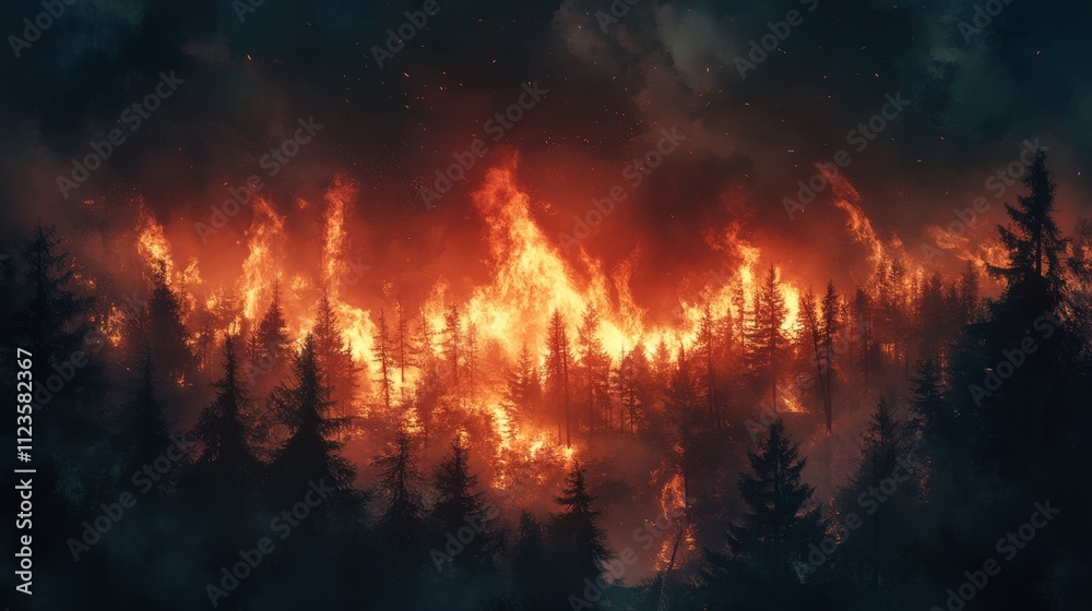 Catastrophic wildfire devastates forested area dramatic scene captured at night urgent environmental crisis Catastrophic wildfire devastates forested area dramatic scene captured at night urgent environmental crisis