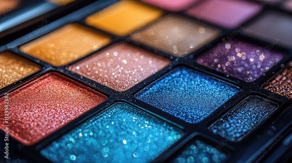 Fototapeta premium Vibrant glitter eyeshadow palette close-up featuring sparkling colors