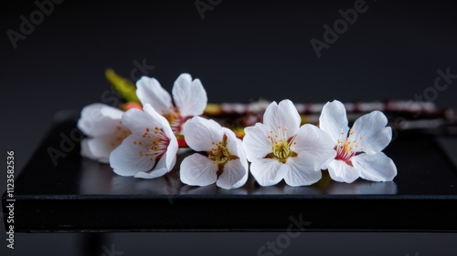 A few cherry blossoms on a black surface. The flowers are white and look soft and fluffy. The background is dark and empty. photo