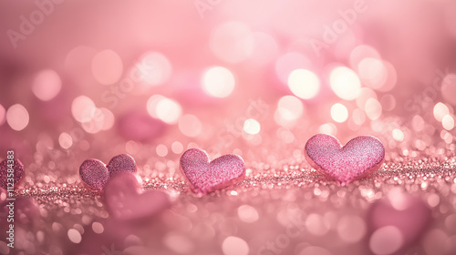 Tiny glittering pink hearts on soft glowing background, evoking romance and love, ideal for Valentine’s Day celebrations and romantic-themed decorations. photo