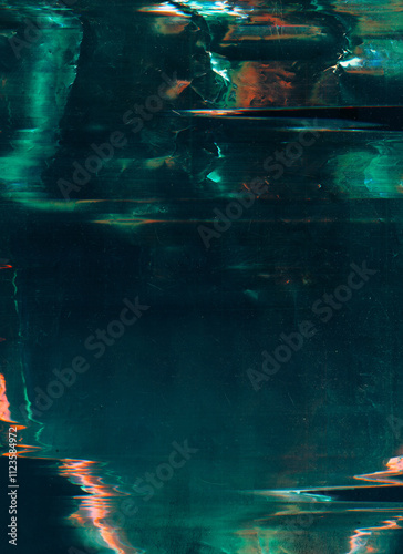 Dust scratch overlay. Distressed foil. Green orange color light flare defect artifacts glitch noise effect metallic creased film texture dark illustration art abstract background.