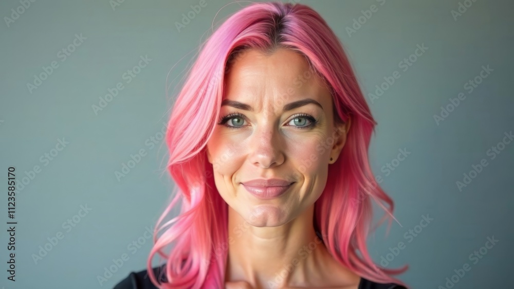 Portrait of serious adult hipster woman of Caucasian appearance with pink hair Portrait of serious adult hipster woman of Caucasian appearance with pink hair