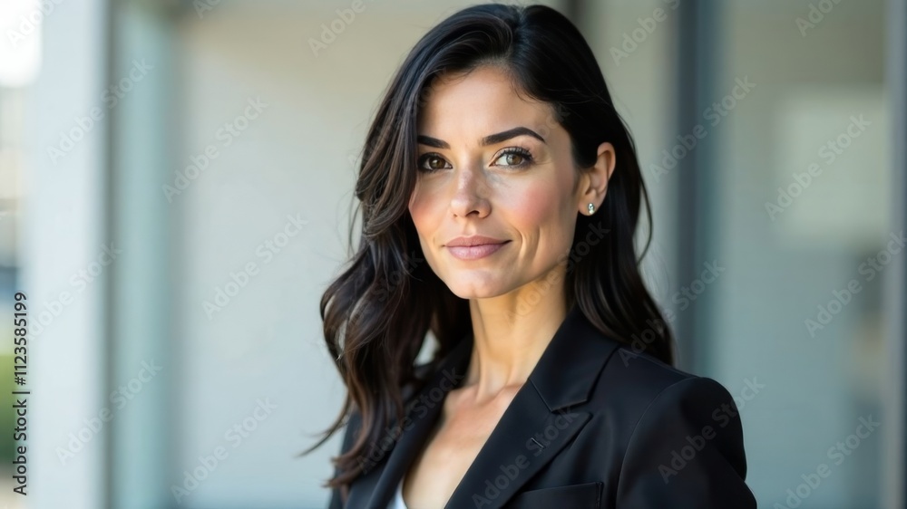Naklejka premium Portrait of serious adult hipster woman of Caucasian appearance with black hair