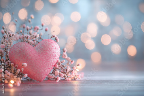 Single glittering pink heart with bokeh background, representing love and romance, ideal for Valentine’s Day celebrations and love-inspired minimalist-themed designs. photo