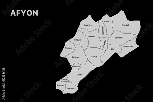 Afyon district map, isolated city map in turkey.