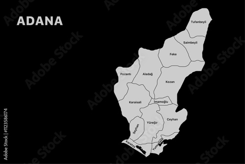 Adana district map, isolated city map in turkey.