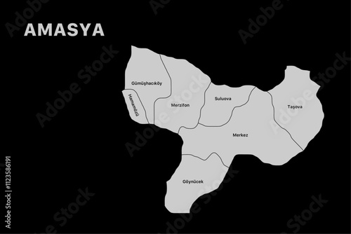 Amasya district map, isolated city map in turkey.
