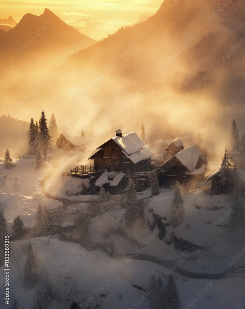 Fototapeta premium Misty mountain village at sunrise, snow-covered houses and trees.