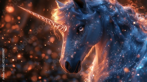 Radiant Unicorn Horn Pierces the Vast Darkness with Ethereal Sparkles and a Captivating Celestial Aura That Envelopes the Viewer's Imagination,神々しいユニコーンの角が広大な暗闇を幻想的な煌めきと魅惑的な天体オーラで貫き、観る者の想像を包む photo