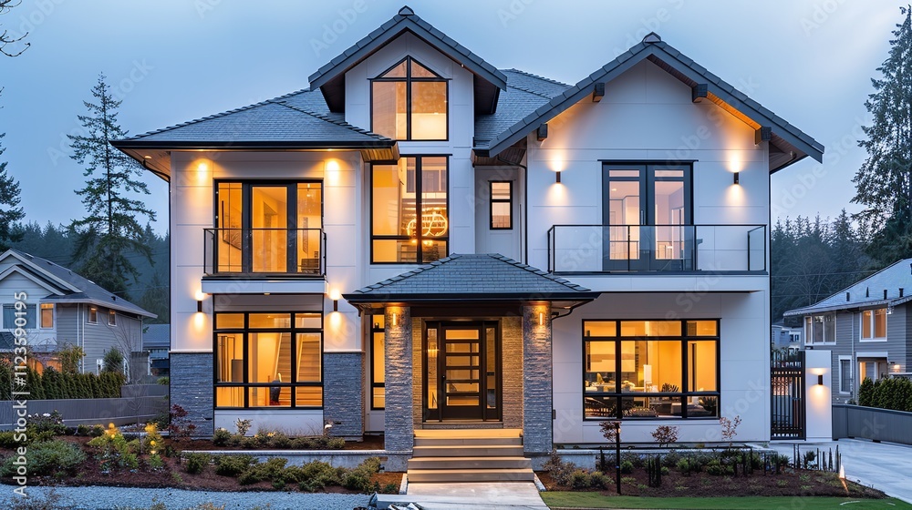 Obraz premium Modern Two-Story House with White Exterior and Grey Accents, Generative Ai.