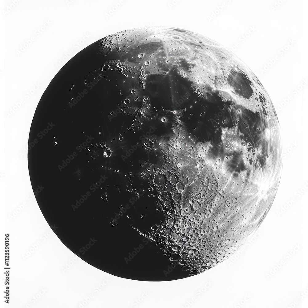 Naklejka premium Half-lit moon, craters, surface details, celestial body.