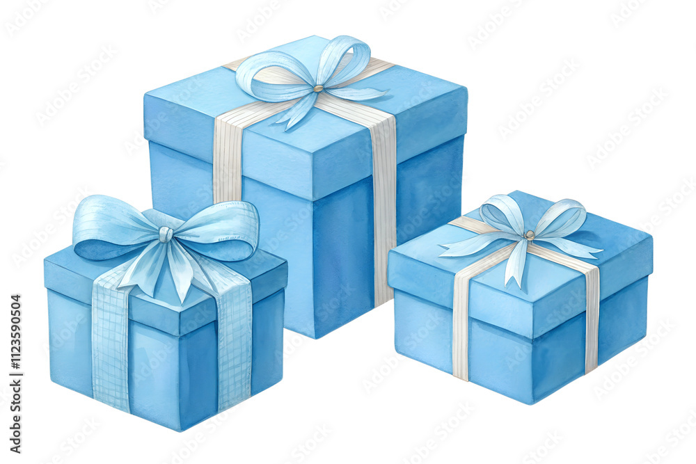 Obraz premium Three Blue Gift Boxes with Ribbons in Watercolor Style Isolated on transparent Background