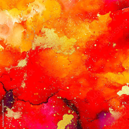 Vibrant alcohol ink splatter background in shades of orange, red, and gold, perfect for artistic projects or creative designs photo