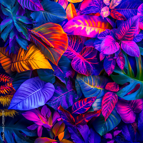 Vibrant fluorescent color arrangement featuring an array of tropical leaves. Flat lay composition with neon hues, highlighting the beauty of nature photo