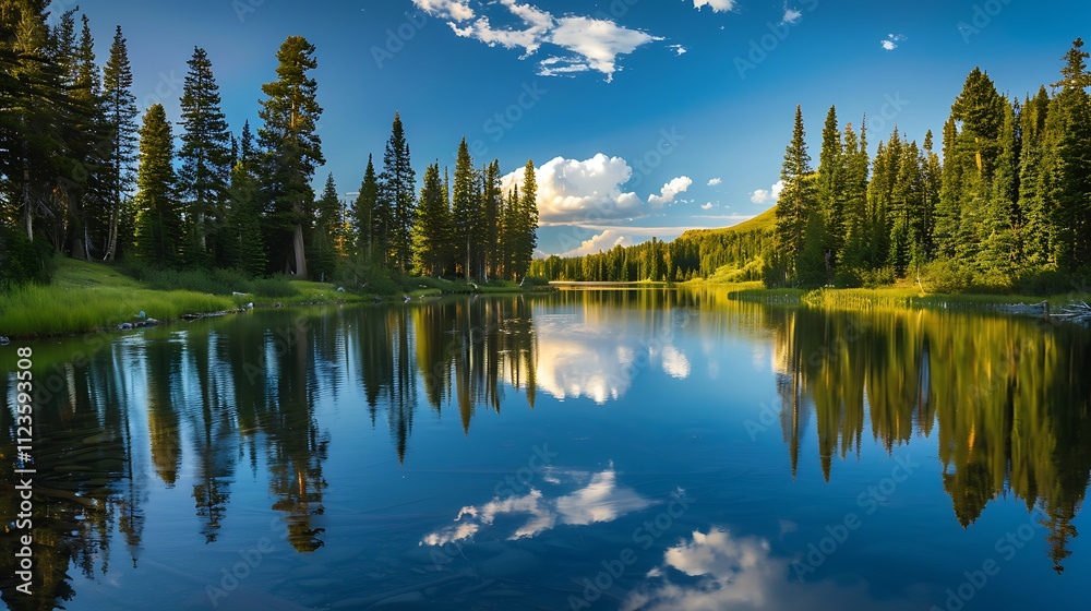 Obraz premium Quiet lake surrounded by pine trees reflecting the night sky