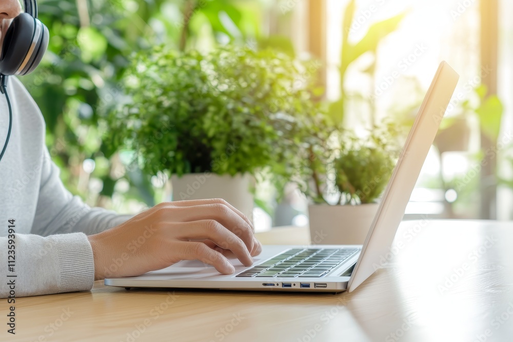 Fototapeta premium A close-up of hands working on a laptop at a sunlit desk, with a green plant in the background, ideal for remote work and digital themes