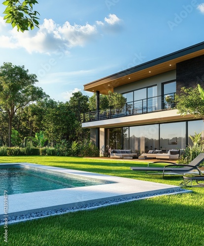 A modern house with a pool and terrace and green lawn