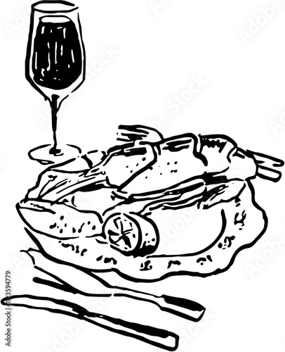 Dolce vita food.  Hand drawn vector isolated illustration. Lobster, wine glass