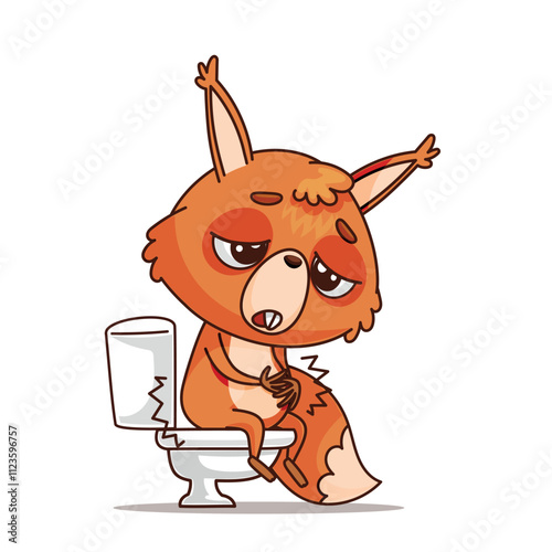 A cute and funny cartoon animal, humorously sitting on a toilet, showcasing a relatable and amusing moment