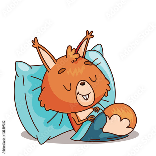 An adorable cartoonstyle illustration depicts a squirrel blissfully sleeping in a cozy and comfortable position