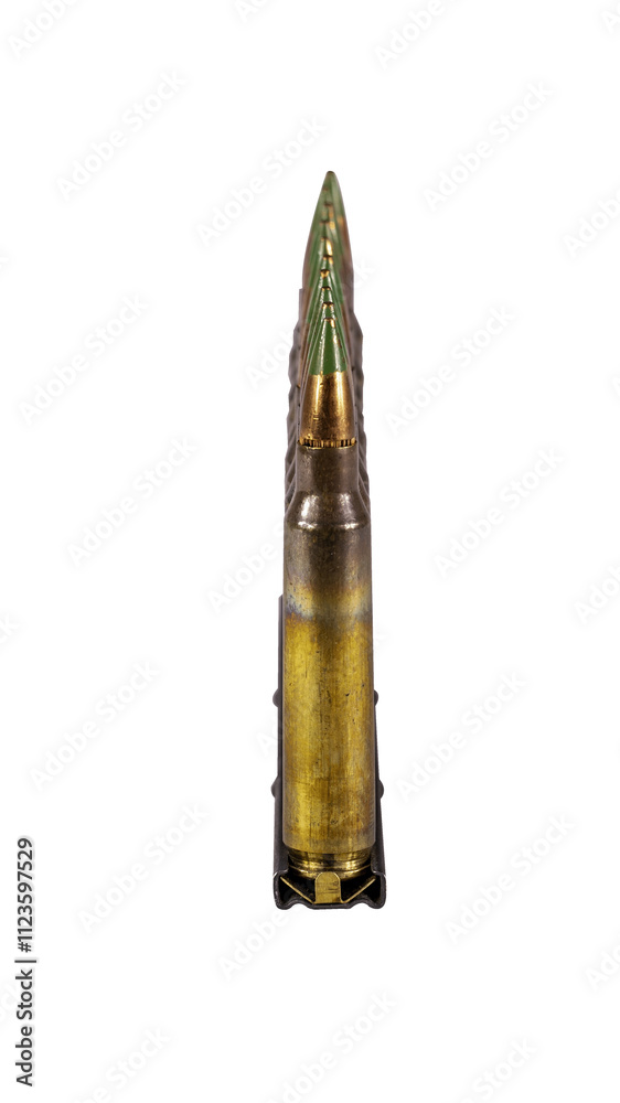 Assault rifle cartridges caliber 5.56 in a clip on a transparent background