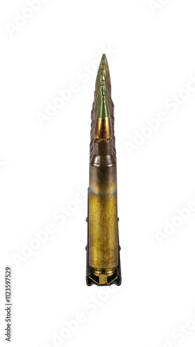 Obraz na płótnie Assault rifle cartridges caliber 5.56 in a clip on a transparent background w salonie