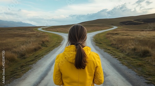 A woman in a yellow jacket, pausing at a crossroads, with an expression of thoughtfulness as she considers the paths ahead, symbolizing a fresh start and new opportunities photo