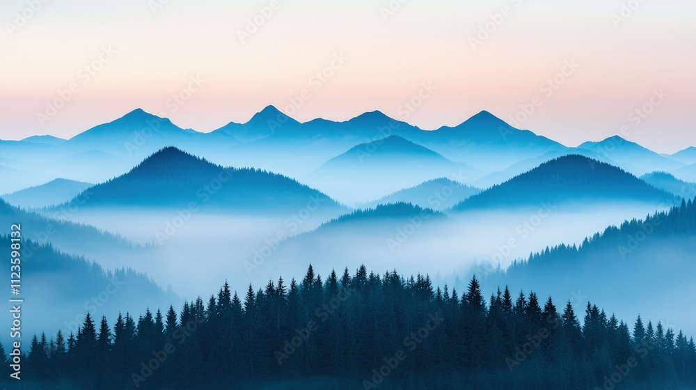 Obraz premium Misty blue mountains and forest at dawn.