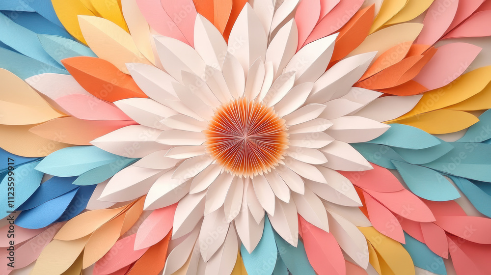 Fototapeta premium Colorful paper art featuring large flower design made of layered petals in shades of blue, pink, orange, and white, creating vibrant and cheerful atmosphere
