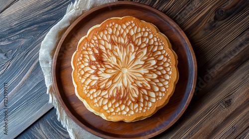 Thin pancakes on a wood plate. Homemade crepes, tasty food. Staple of yeast pancakes, traditional for Russian pancake week (Shrove tide). Thin pancake with crispy crust photo