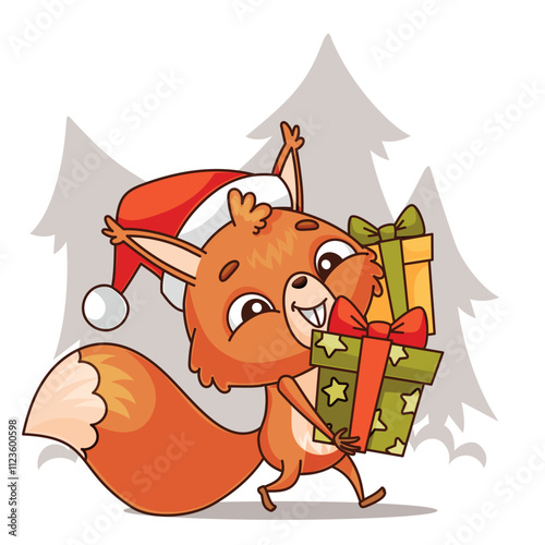 A cheerful cartoon squirrel, adorably wearing a Santa hat, joyfully carrying a wonderful assortment of presents