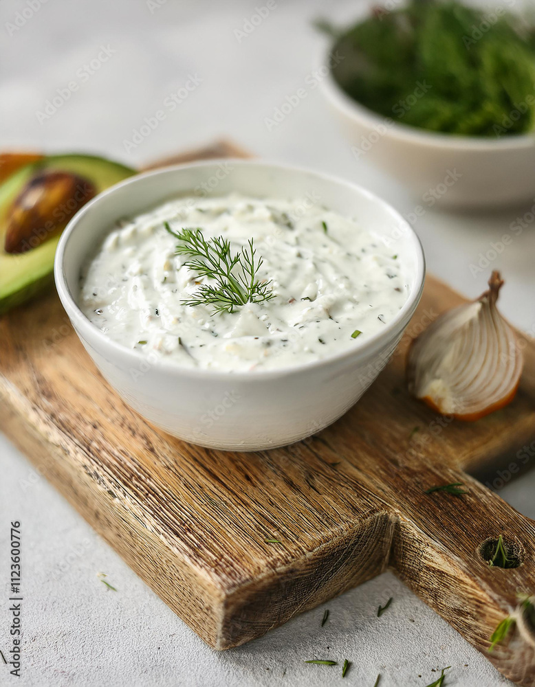 Ceramic bowl of homemade tzatziki sauce. Ceramic bowl of homemade tzatziki sauce.