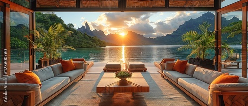 Summertime getaway at a posh beach resort in French Polynesia's Bora Bora, Generative Ai.