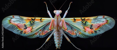 The vibrant female Spiny Flower Mantis (Pseudocreobotra wahlbergii) displays wings on a dark backdrop, Generative Ai. photo