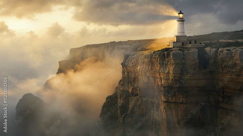 Fototapeta premium A lighthouse perched dramatically on a rugged canyon rim, its light cutting through dense mist.