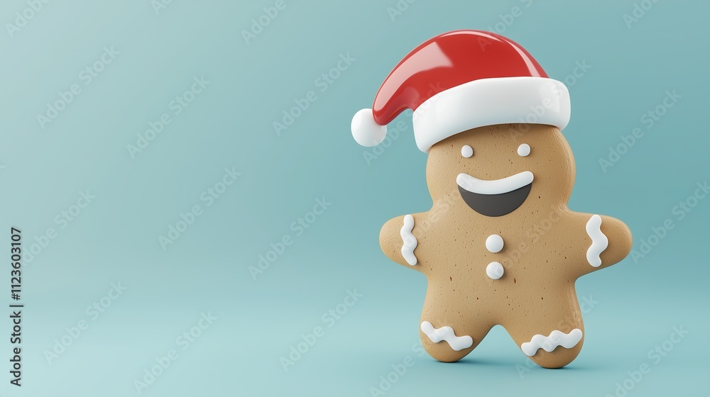 Fototapeta premium A cheerful gingerbread man cookie with a bright smile and Santa hat, conveying festive joy. Perfect for holiday-themed designs and Christmas celebrations