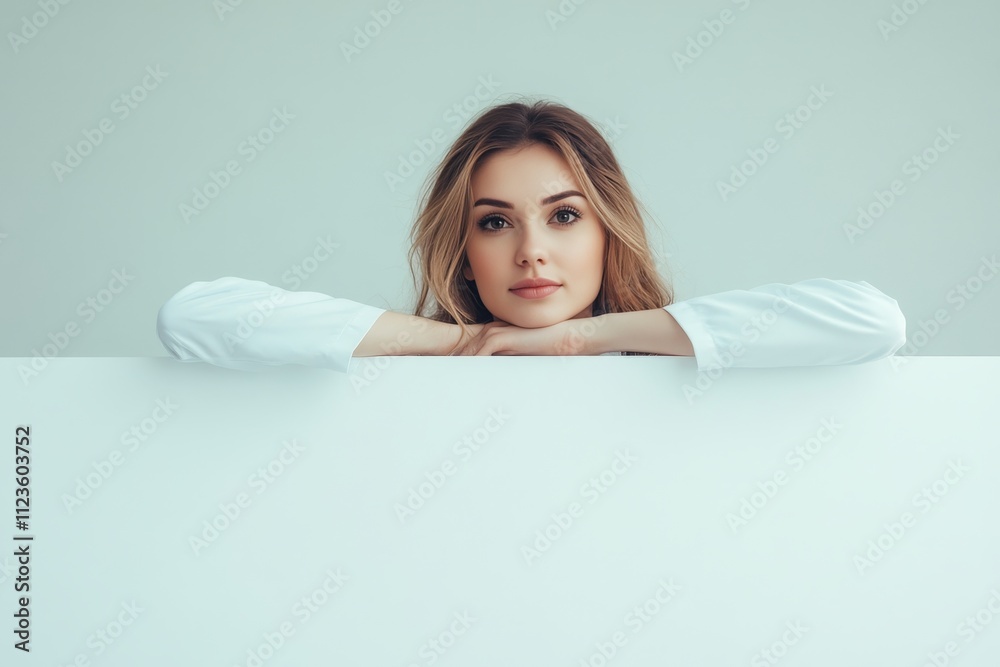 Female doctor posing next to blank advertising board for medical promotions or offers Female doctor posing next to blank advertising board for medical promotions or offers