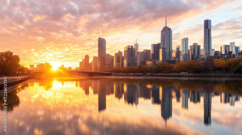Fototapeta premium Majestic urban skyline reflected in glassy river at sunset, showcasing vibrant colors and serene atmosphere. perfect blend of nature and city life