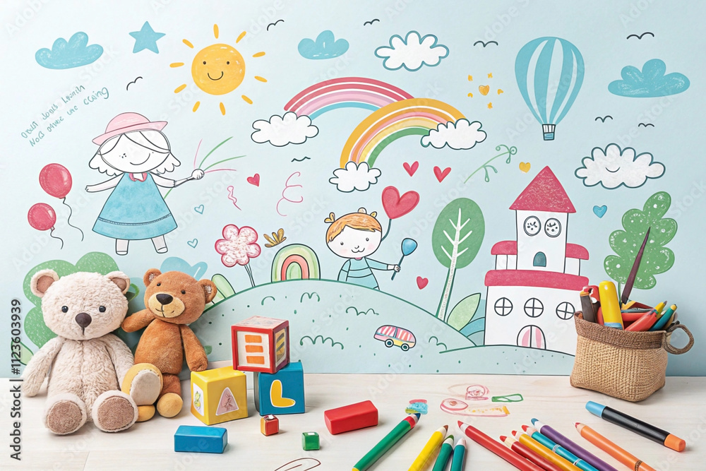 Obraz premium Colorful kids' room wall art with toys and drawing supplies.