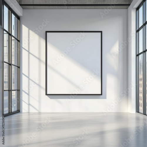 a billboard in a modern apartment with minimal decor and a large window, mockup with blank white space