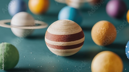 A vibrant arrangement of colorful planet models on a teal surface, showcasing various sizes and designs representing our solar system.
 photo