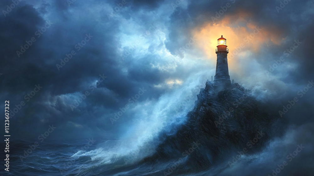 Fototapeta premium A lighthouse standing on a craggy cliff, its light shining through dense fog, guiding ships through the storm-tossed waters below.