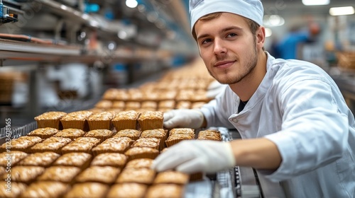 Inside a contemporary bakery, a young baker in a uniform carefully places freshly baked muffins on a conveyor belt, showcasing his dedication and skills in pastry making photo