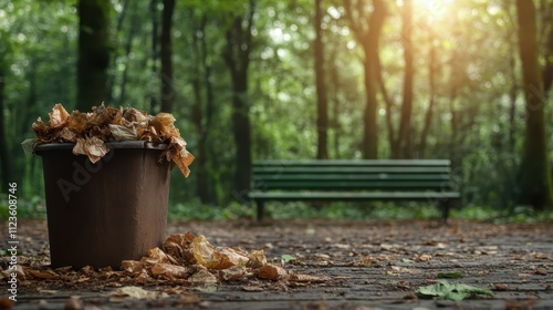 A garbage bin surrounded by autumn leaves under golden sunlight in a lush green park, representing the struggle between nature and human pollution. photo