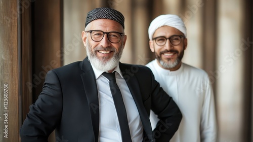 Two men wearing traditional headwear and attire are smiling confidently in a warm, inviting setting, illustrating cultural blend and unity. photo