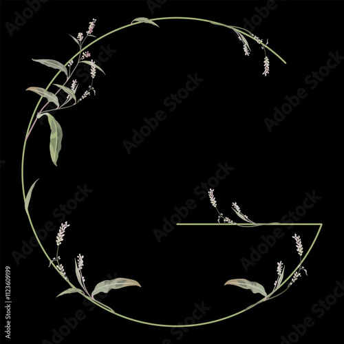 Capital letter G with floral motifs. Botanical alphabet with herbs and wildflowers. Blooming green branches of Polygonum plant. Knotweed or Smartweed flower. On black background.