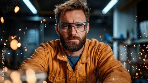 A focused welder in protective gear works with intense precision as sparks fly around, illustrating craftsmanship and dedication in the workshop. photo