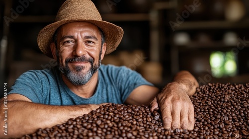 A smiling man in a straw hat leans on a large pile of coffee beans, showcasing his product likely in a coffee shop or market setting, indicating cultural heritage. photo