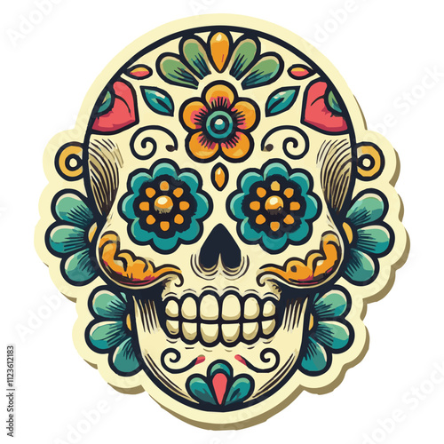 A sugar Skull in honor of the Day of the Dead in Mexico on a white isolated background. Dia de los Muertos. An element for your design for a logo, emblem, sign, poster, postcard, banner. Vector illust