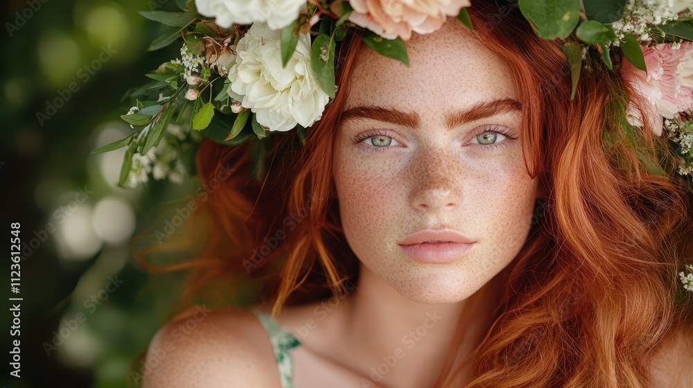 Naklejka premium A stunning portrait featuring a red-haired woman with a blooming floral headpiece. Her calm demeanor blends harmoniously with the lush green surroundings.